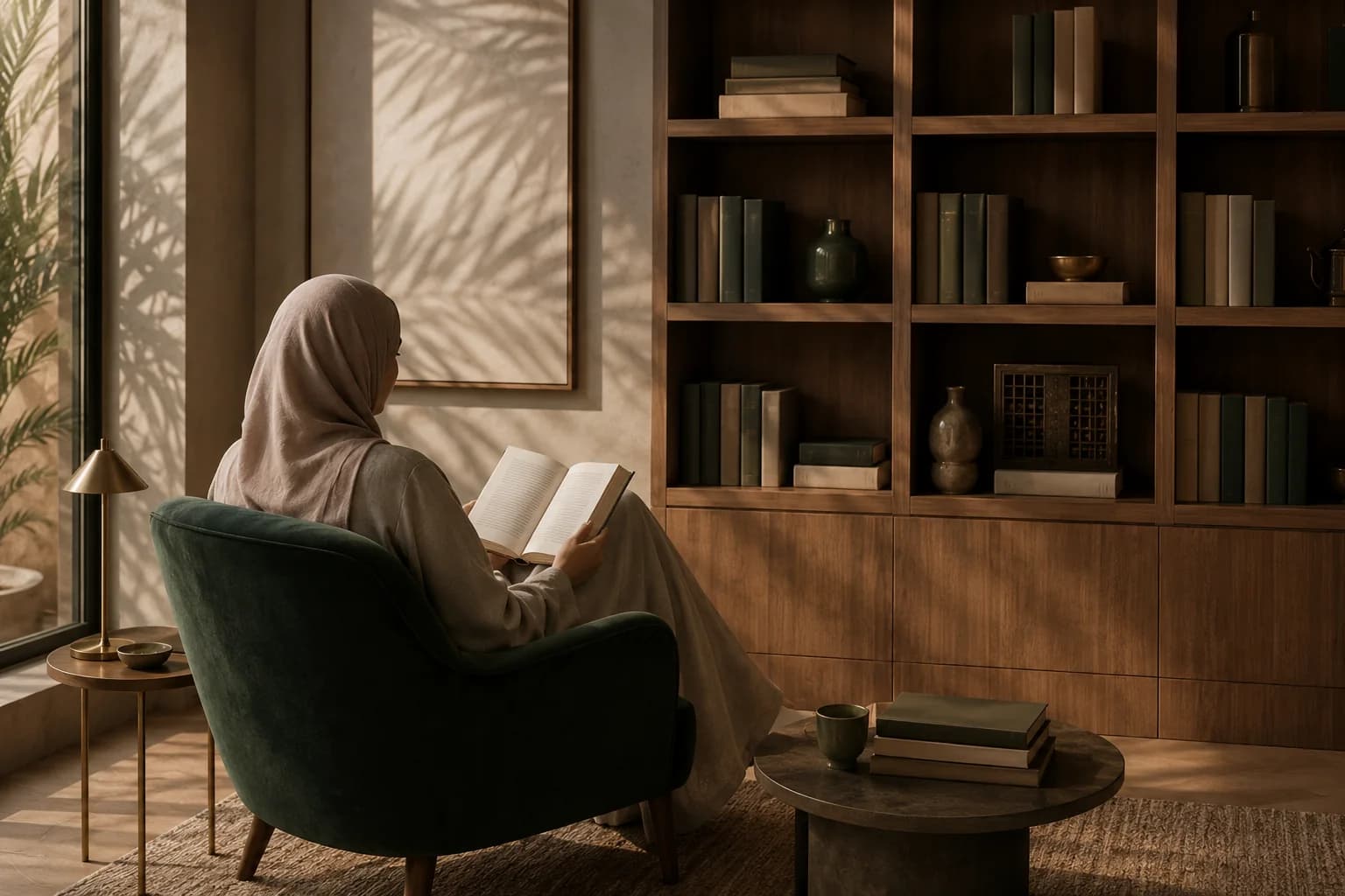 قارئة في ركن قراءة هادئ تحيط به رفوف الكتب
