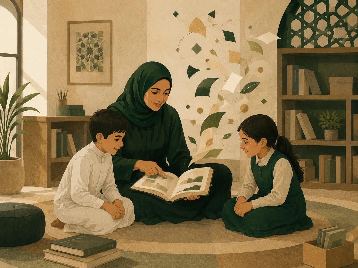معلمة تقرأ كتاباً مع طفلين في جلسة قراءة