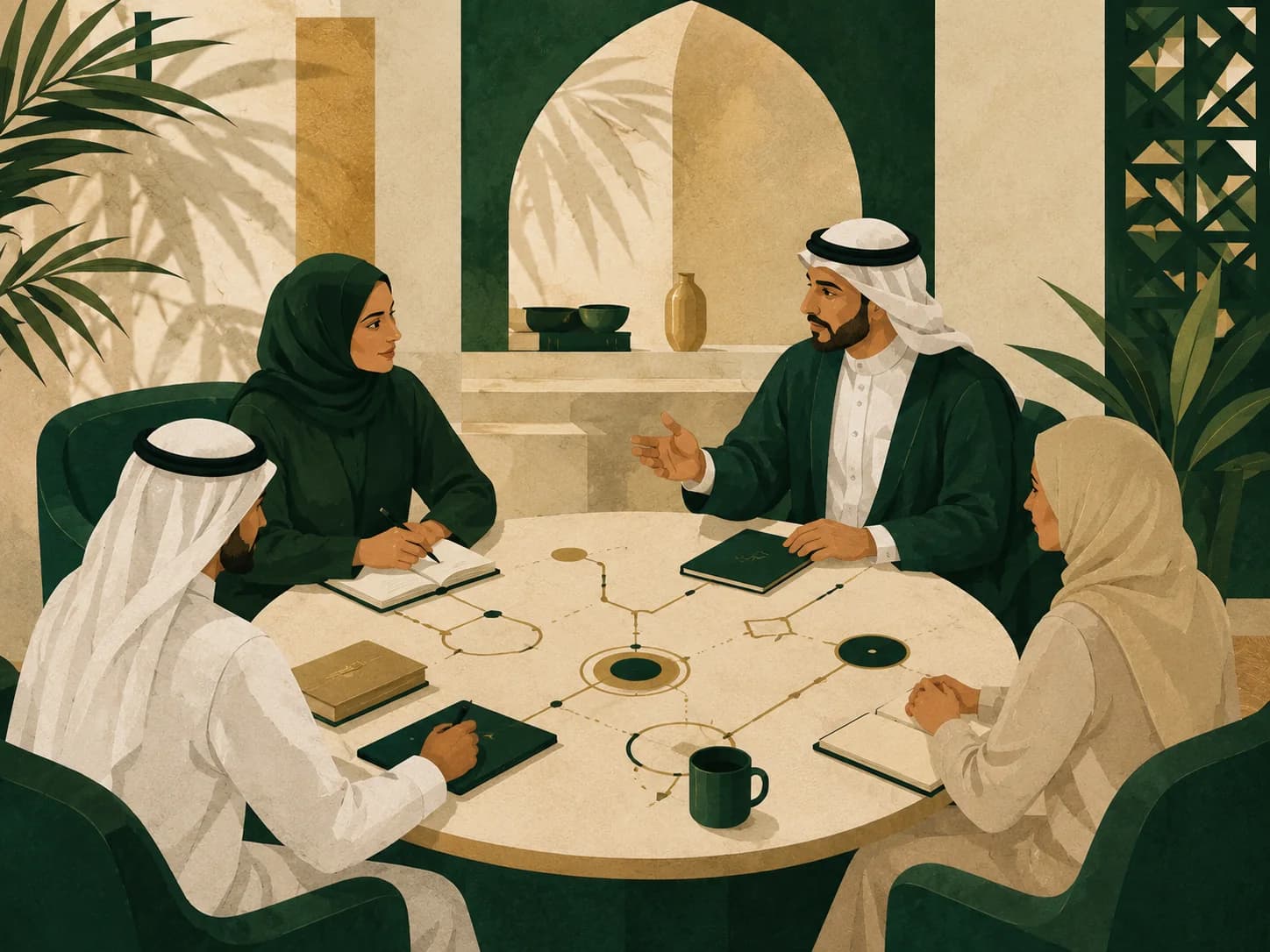 فريق سعودي يناقش القرارات حول طاولة عمل