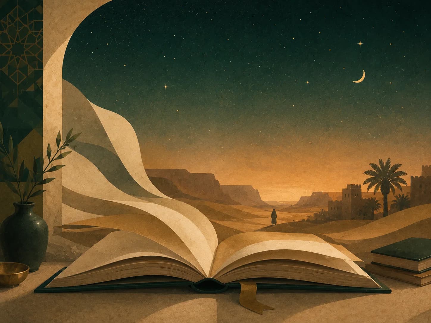 كتاب مفتوح يمتد إلى أفق نجدي تحت سماء ليلية