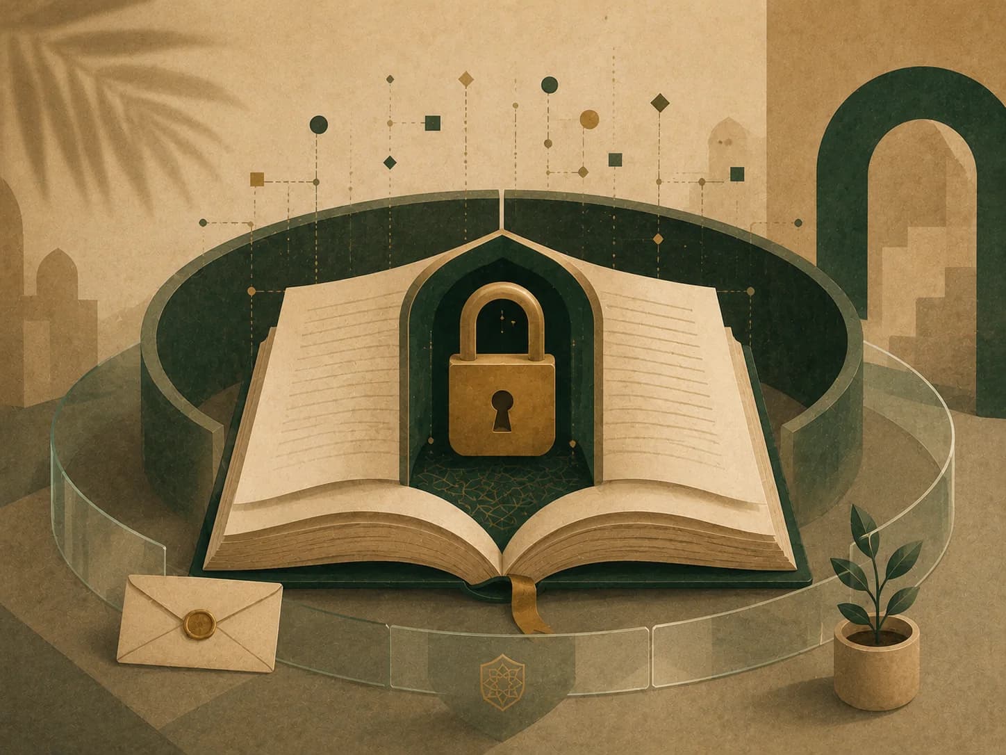كتاب مفتوح تحيط به طبقات حماية وقفل