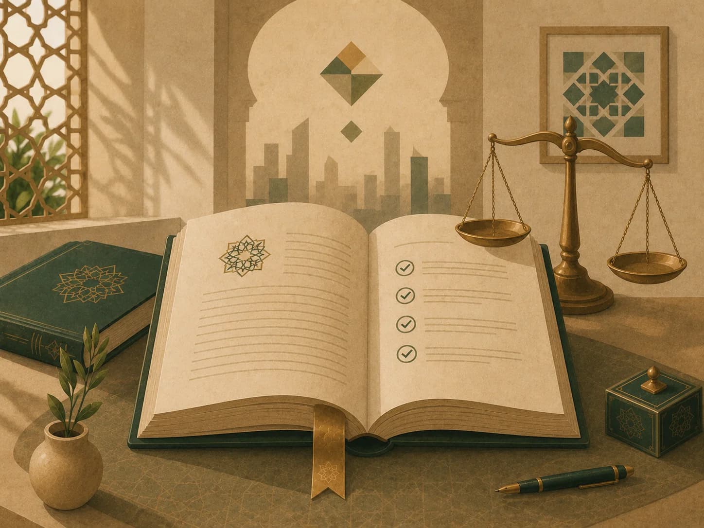 كتاب مفتوح مع قائمة واضحة وميزان متوازن